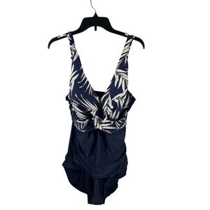 Maxine‎ of Hollywood One Piece Swimsuit 16 Navy Blue Palm Leaf Ruched Women